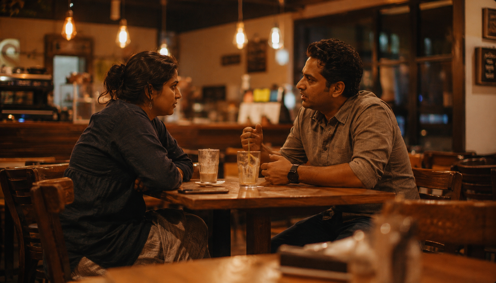 Man and woman in conversation at a café table in the evening