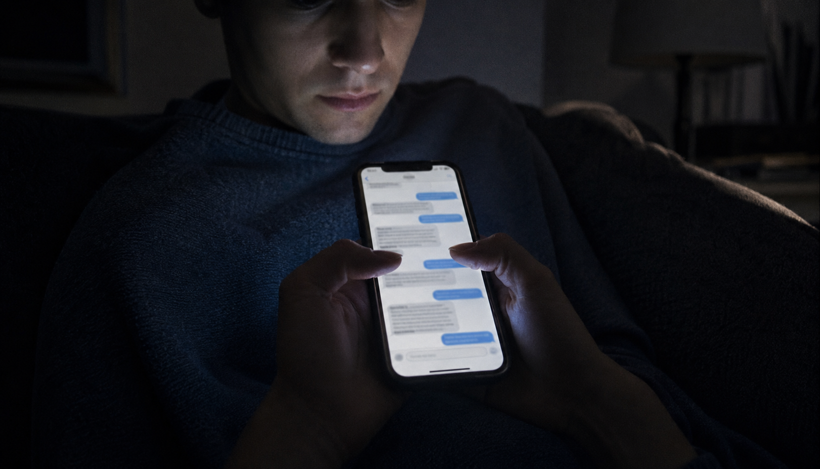 Person's hands holding a phone in a dark room late at night