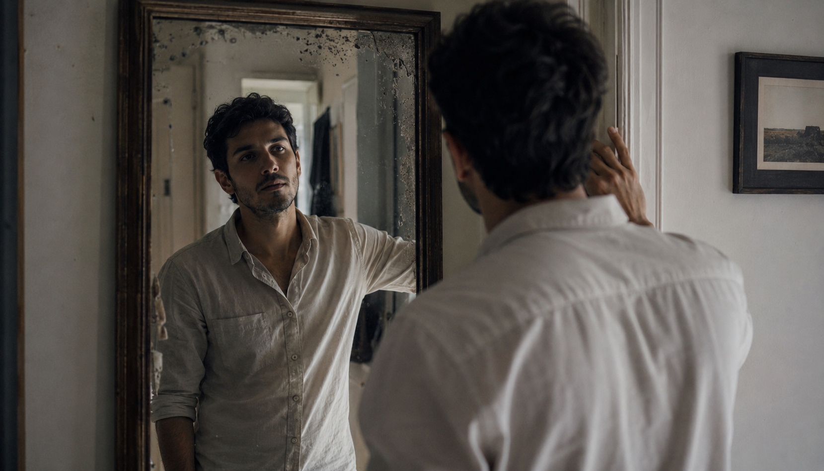 Man standing in a hallway looking at his reflection in a mirror