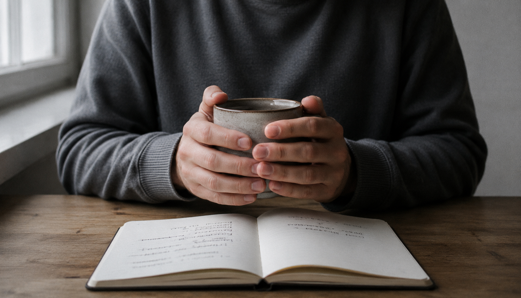 Two hands wrapped around a mug on a quiet Sunday morning