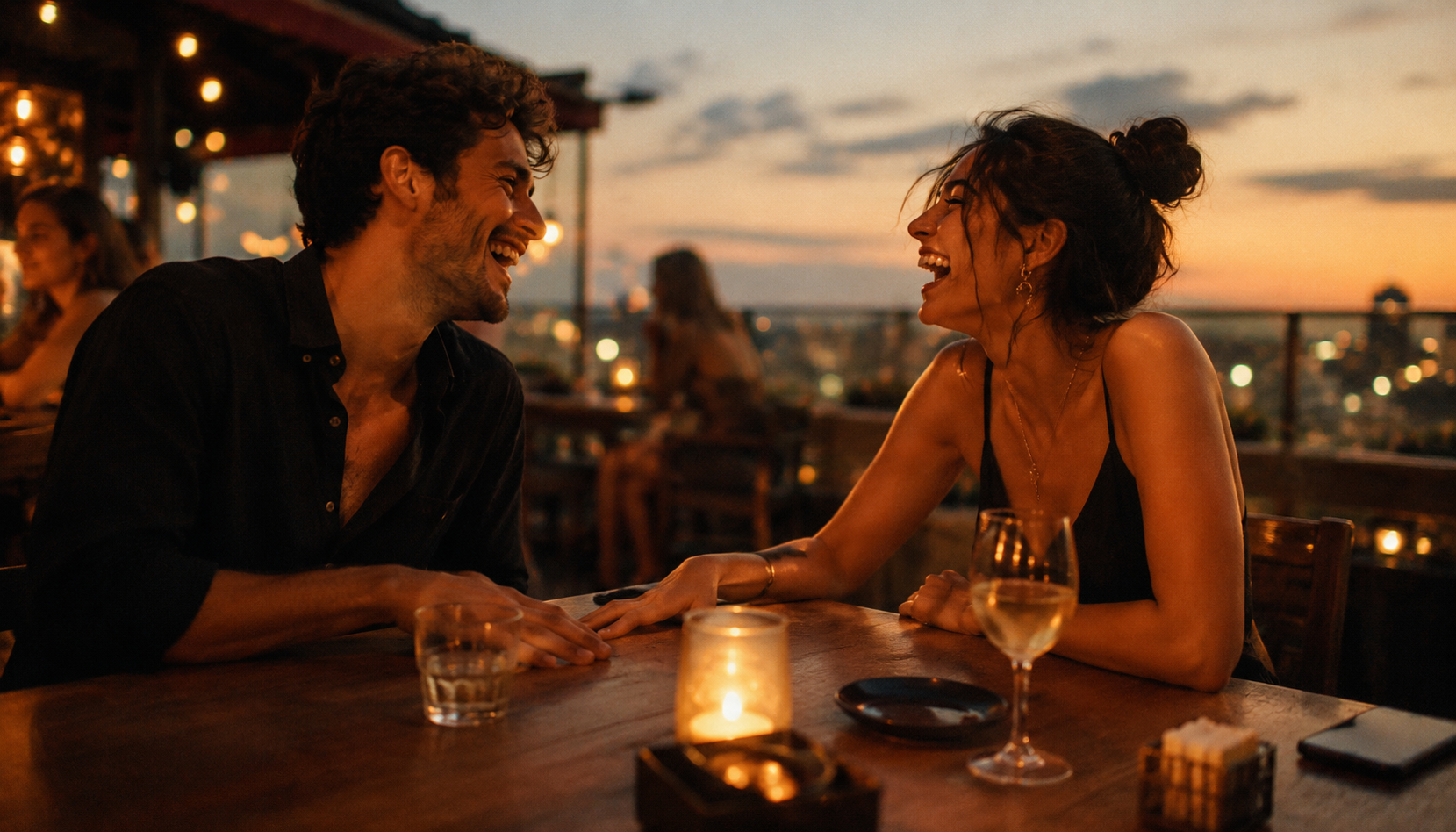 Two people laughing together at a bar, genuine and unposed
